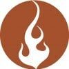 White stylized flame inside a solid brown circle.